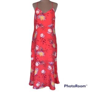 Lulus Quinlynn Coral Red Floral Print Midi Dress Trumpet Flounce Hem Loose Fit